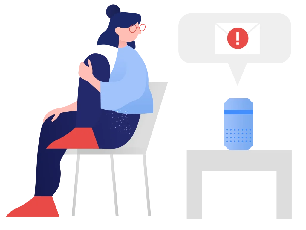 Una ilustración en donde se alcanza a ver a una mujer que se encuentra sentada pero recibiendo una alerta de tipo antispam.