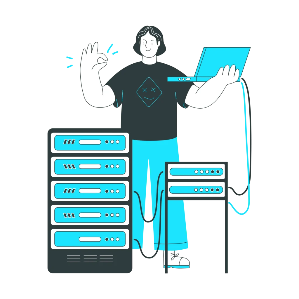 Ilustración de mujer que se encuentra programando lo que es hospedaje web, en representación de una especialista en el tema.