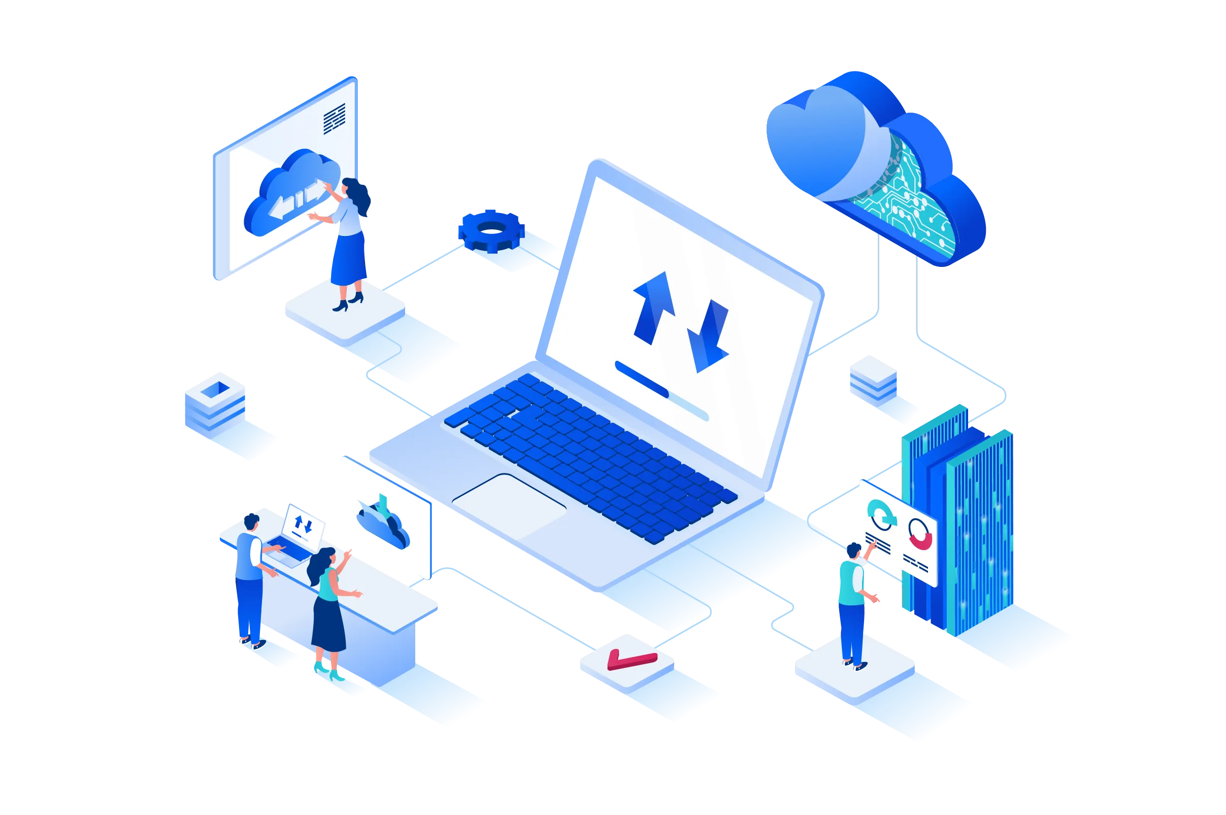 Ilustración de una computadora rodeada de íconos y elementos visuales que representan características clave de los proveedores de hosting México, como seguridad, uptime, velocidad y soporte técnico