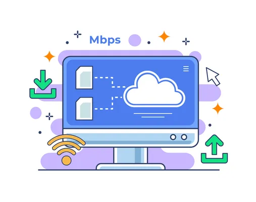 Ilustración de un monitor acompañado de diferentes iconos en representación de cómo se da el trabajo en lo que es un hosting.