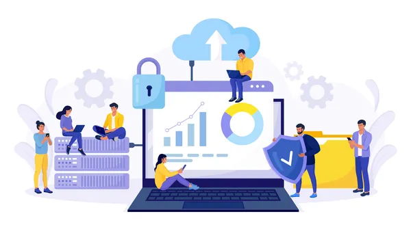 Ilustración de una computadora rodeada de íconos y elementos visuales que representan características clave de los proveedores de hosting México, como seguridad, uptime, velocidad y soporte técnico