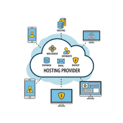 Ilustración educativa que desglosa los elementos fundamentales que ofrece un proveedor de hosting en México, como cPanel, certificado SSL, transferencia de dominio y espacio en disco