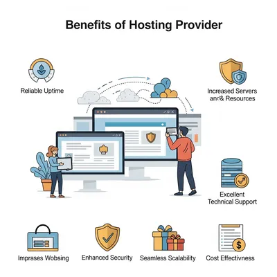 Imagen conceptual que muestra los principales beneficios de contar con proveedores de hosting México, incluyendo rendimiento, soporte en español, dominio gratuito y carga rápida