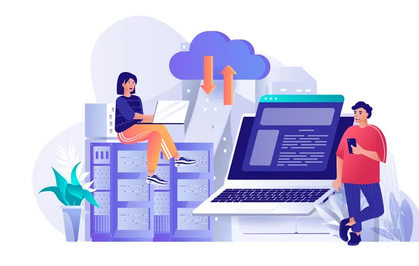 Ilustración en tonos morados que representa visualmente a los proveedores de hosting México con elementos tecnológicos que simbolizan velocidad, conectividad y soporte web