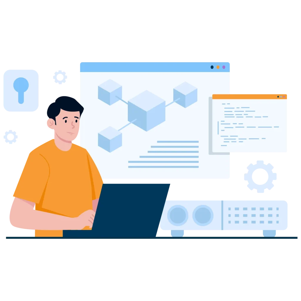 Ilustración de un hombre que está sentado leyendo en su laptop sobre qué es un certificado SSL en IPAXES