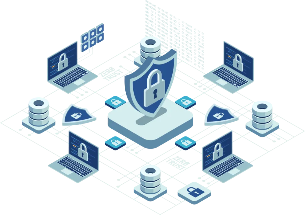 Ilustración de candados de seguridad que protegen muchas computadoras y representa qué es un certificado SSL