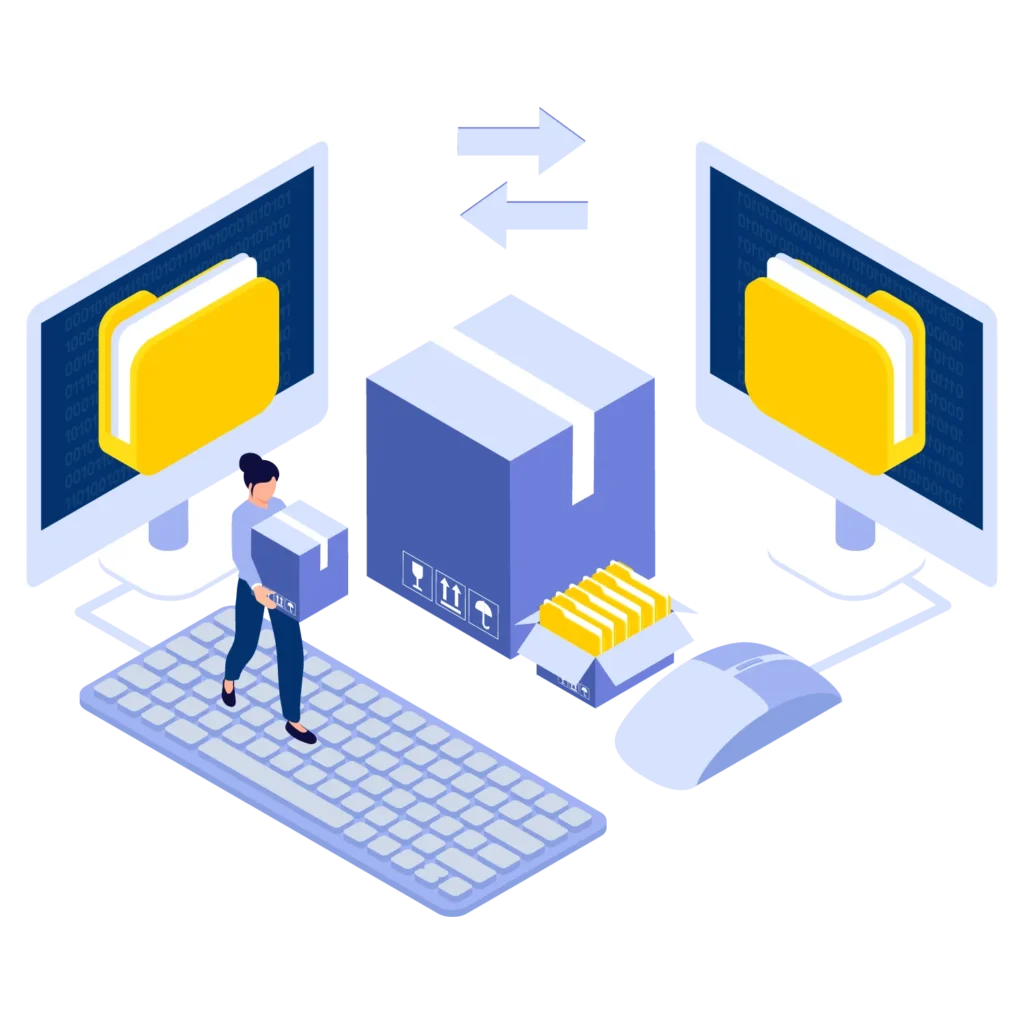 Ilustración de mujer llevando cajas de una computadora a otra, representando la transferencia de dominio