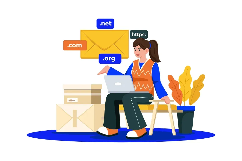 Ilustración de una mujer sentada en su oficina y feliz por lograr obtener la transferencia de dominio web con IPAXES