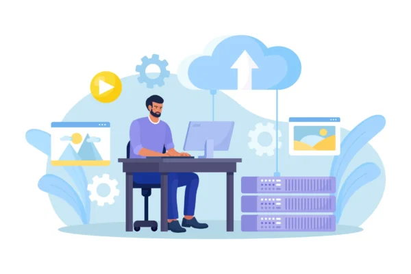 Ilustración donde se ve a un hombre realizando todo el proceso de dominio y alojamiento para conseguir un sitio web seguro.