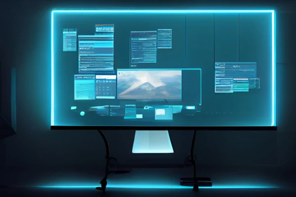 Imagen de una pantalla led con bordes azules que brillan e íconos de tecnología de soluciones TI dentro.